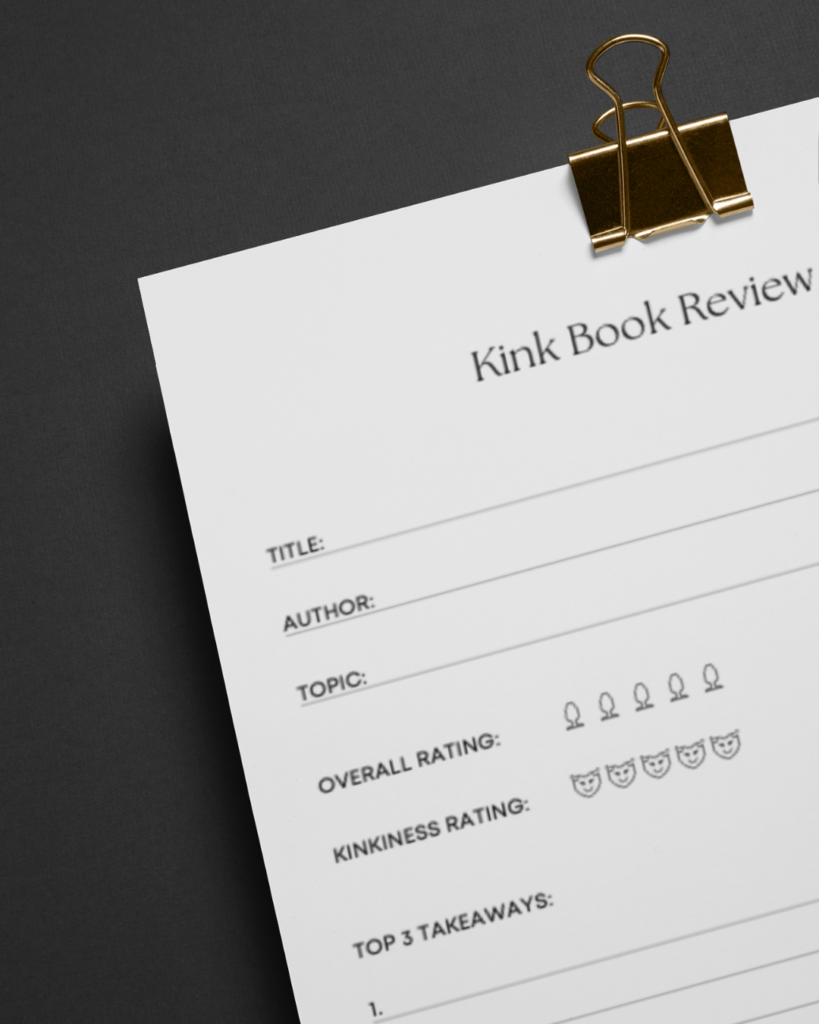 Piece of paper with places to rate a kinky book and write your top 3 takeaways